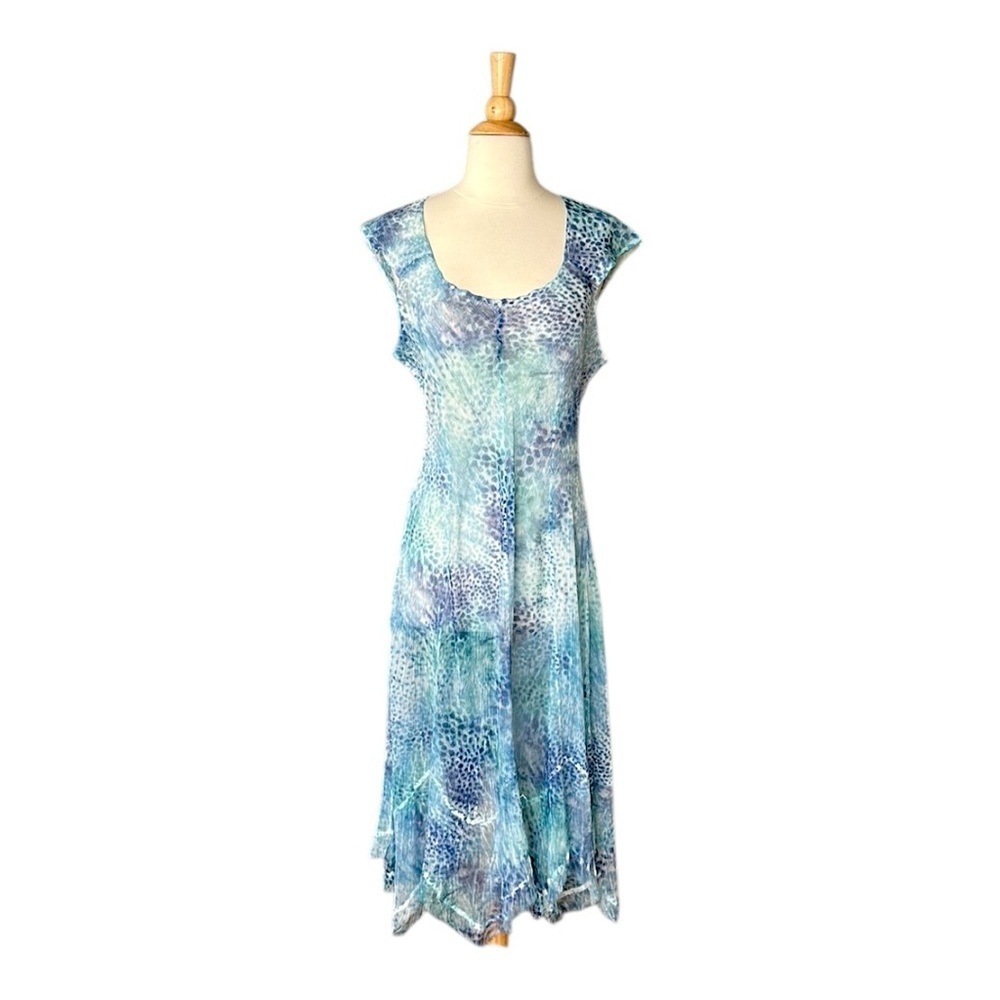 KOMAROV Sheer Crinkle Chiffon Watercolor MIDI Dress Fairycore Whimsical‎ Large